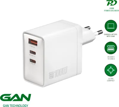 Produktbild von 4smarts Netzladegert GaN Pocket 100W 2C+1A, weiss