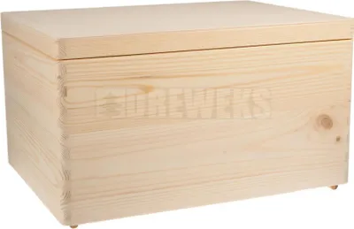 A light-colored wooden storage box with a lid is shown against a white background.