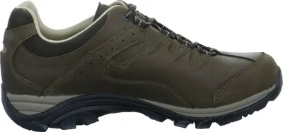 Side view of a brown hiking shoe.
