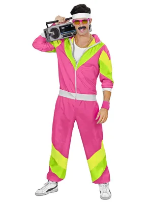 A man wearing an 80s-style tracksuit and holding a boombox.