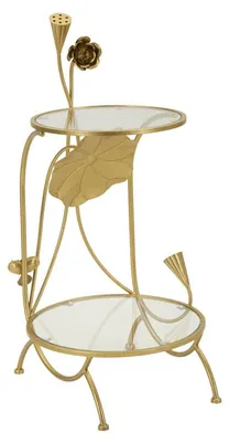 Imagen del producto de Mesa auxiliar de 2 niveles Flowers en hierro dorado y cristal Ø40x78 cm