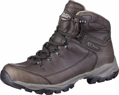 A single brown hiking boot is shown against a white background.