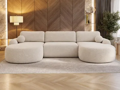 Produktbild von GrainGold Ecksofa U-Form Aurio - Ecksofa mit Schlaffunktion, Bettkasten - Moderne Ecksofa, Wohnzimmer Sofa - Eckcouch mit Bouclé-Stoff - Weiß