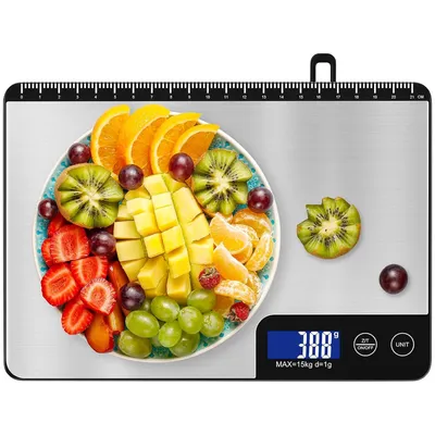 Produktbild von Digitale Küchenwaage 15kg mit Lineal, Edelstahl & Glas, LCD Display, Tara Funktion, 6 Einheiten, Haushaltswaage, Aufhängbar, 1g Präzision