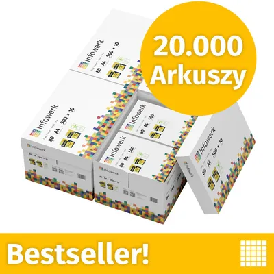 Zdjęcie produktu dla NOWOŚĆ: Infowerk Papier do drukarek i kopiarek, 20000 arkuszy, 40 x 500, A4, Premium, ekstra biały, CIE 160, Zwycięzca testów, Certyfikat PEFC