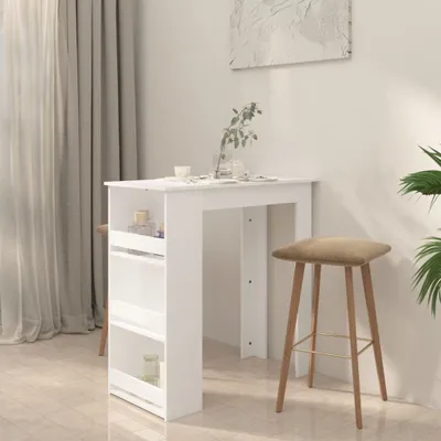 A white bar table with storage shelves and a stool in a room with curtains and a plant.