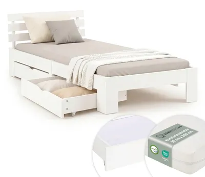 Obrázek produktu pro Holzbett Einzelbett 90x200 cm mit Matratze & 2 Bettkästen Bett Weiß Holzbettrahmen Massiv Holz Lattenrost