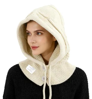 Zdjęcie produktu dla Damska zimowa termoaktywna czapka i szalik 2w1, wiatroodporna, ogrzewająca szyję, typu beanie, kolor biały