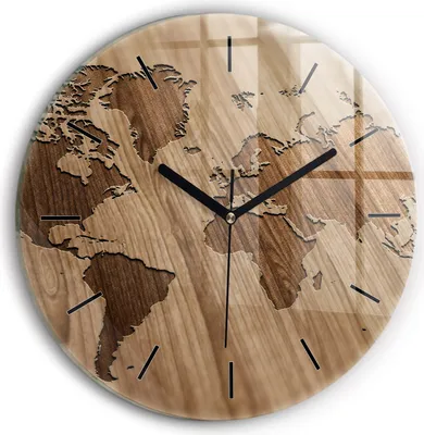 Produktbild von Wallfluent Wanduhr – Stilles Quarzuhrwerk - Uhr Dekoration Wohnzimmer Schlafzimmer Küche - Zifferblatt mit Striche - schwarze Zeiger - 30 cm - Weltkarte auf Holz