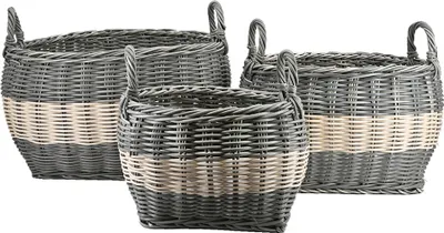 Produktbild von Pflanzkörbe Blumentopf Korb mit Henkel Übertopf 3er Set, Rattan, grau-gestreift