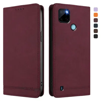 Image de Etui pour Realme C21Y, étui rétro en cuirPolyuréthaneavec support et fentes pour cartes Rouge