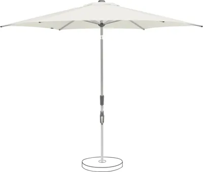 A white patio umbrella with a gray pole and base, shown against a white background.