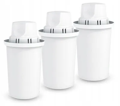 Three white water filter cartridges are arranged in a staggered formation against a white background.
