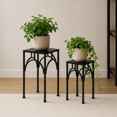 Immagine prodotto di DanDiBo Sgabello da fiore in metallo nero quadrato Supporto per fiori Tavolino 96449 Set di 2 supporti per piante Colonna per fiori Sgabello per piante moderne