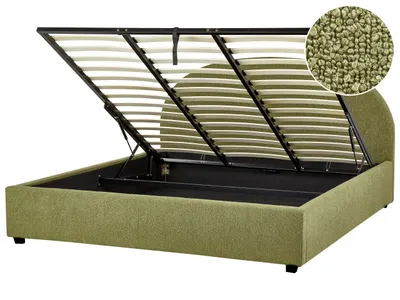 Produktbild von BELIANI Bett mit Bettkasten Olivgrün Bouclé Gepolstert 180 x 200 cm Lattenrost Hochklappbar Hohes Kopfteil Klassisch Retro Minimalistisch Schlafzimmer