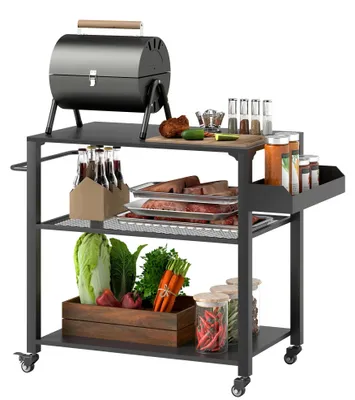 Produktbild von Grillwagen - 3-stöckiger BBQ Servierwagen - 4 Rollen und Griff - Ablagen für Pizzaofen - Für Garten und Terrasse - Schwarz