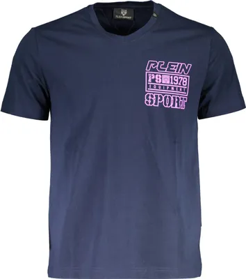 Produktbild von Blaues Kurzarm T-Shirt für Herren mit V-Ausschnitt und Druck.