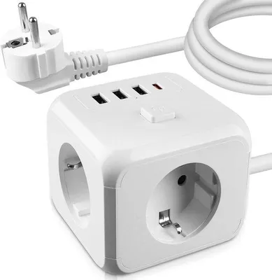 Image de Multiprise à 3 prises avec interrupteur - Extension de prises et de ports USB - 3 prises avec 3 ports USB et 1 port USB-C - Multiprise pour le bureau et le salon - Câble de 15 m.