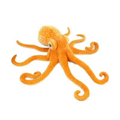 An orange plush octopus toy is shown against a white background.