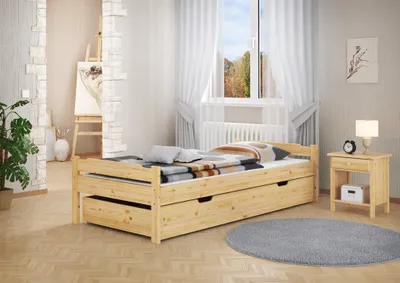 Produktbild von Bett Kiefer massiv 90x200 Einzelbett Singlebett Massivholz Zubehör wählbar V-60.31-09Rollrost und Bettkasten inkl.