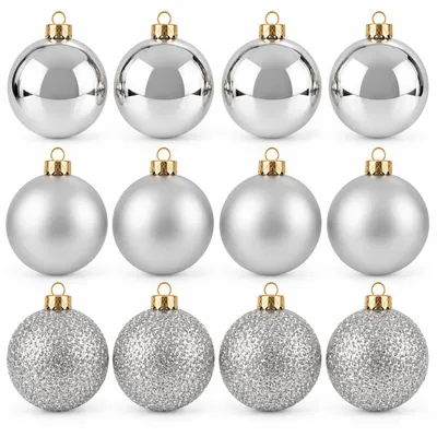 Produktbild von 12 x Weihnachtskugeln Kunststoff Ø 8 cm silber-matt-glanz-glitzer wetterfest für Innen und Außen Christbaumkugeln Kunststoff - Weihnachtsbaumkugeln