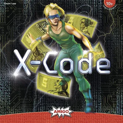A digital illustration for a board game titled 'X-Code', featuring a stylized character and elements of money and code.