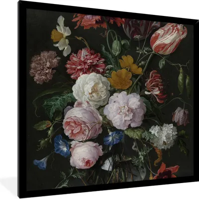 Obrázok produktu pre MuchoWow® Zarámovaný plagát - Zátišie s kvetmi v sklenenej váze - Maľba od Jan Davidsz. de Heem - 40x40 - Nástenný plagát v ráme Fotografia