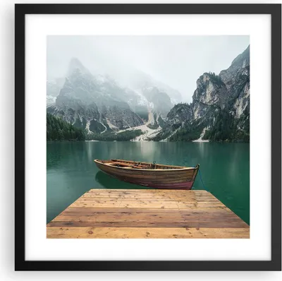 Produktbild von Gerahmtes Poster - Schwarzer Rahmen - Berge See Boot - 40x40 cm - Wand Bild - Wanddeko - Wandbilder - Kunstposter - Wandposter - Bilderrahmen - Bilder - Kunstdruck - Wandbild - P2BAC40x40-3978
