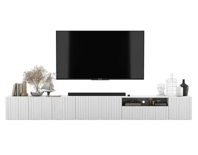 Zdjęcie produktu dla Nowoczesna Wisząca Szafka RTV Glamour Komoda RTV Biały MAT 300 cm Ryflowane Fronty