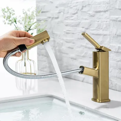Productafbeelding van Wasbakarmatuur met uittrekbare douchekop, mengkraan voor warm en koud water, uittrekbare watermengkraan voor de badkamer met draaibare uitloop, geborsteld champagnegoud