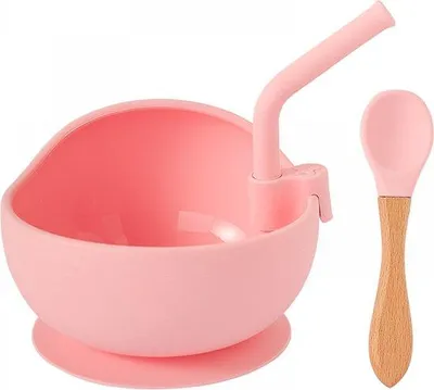 Produktbild von Silikon Kinderkommetje mit Saugnapf und Löffel und Rietje - BPA-frei - Baby-Silikon-Schüssel für Babyfutter