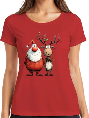 Produktbild von Lustiger Weihnachtsmann und Rentier Cartoon Weihnachten Geschenk Damen T-Shirt, Rot, M