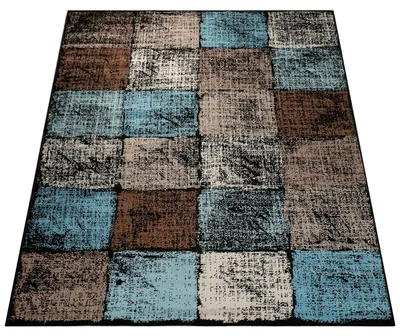 Produktbild von Designer Teppich Wohnzimmer Ausgefallene Farbkombination Karo Türkis Braun Creme Grösse 60x100 cm