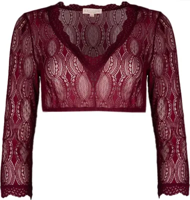 Produktbild von Krüger Dirndlbluse Hilke, bordeaux, Gr. 32, mit moderner Spitze, 3/4-Arm und V-Ausschnitt