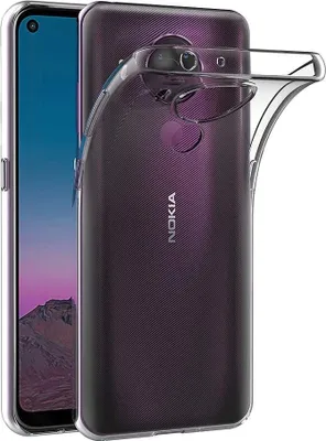 A clear protective case is shown on the back of a purple Nokia smartphone.