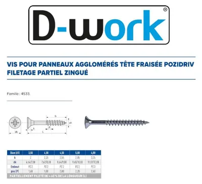 Image de 500 Vis Bois Tête Fraisée Pozidriv F/Partiel 4 x 30 mm - Zingué blanc - D-Work