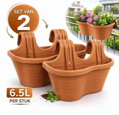 Produktbild von CAMELLIA Doppelter Hängeblumentopf – 6,5 l – 2er-Set – Balkonpflanzgefäß – Terrakotta – Für Geländer – 33 x 37 x 25 cm