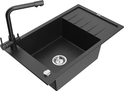 Produktbild von Mexen Elias 1 Becken-Granitspüle mit Abtropffläche und Mischbatterie Duero, Schwarz/Silbermetallic - 6511-73-671600-70