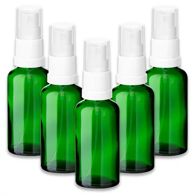 Produktbild von 5x Grüne Glasflasche 50 ml mit weißem Zerstäuber Sprühkopf Pumpspray
