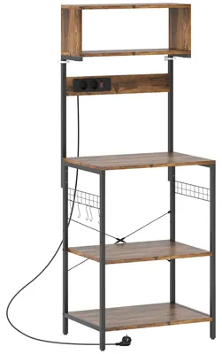 Produktbild von Küchenregal, Standregal mit 5 S-Haken, 5 Ablagen, Steckdose, aus Stahl, Rustikal-Braun, 60 x 42 x 153 cm
