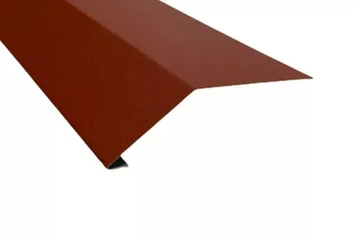 A close-up, angled view of a red metal roof flashing, isolated on a white background.