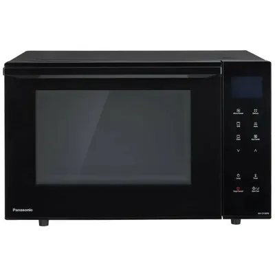 A black Panasonic microwave oven is shown from the front against a white background.