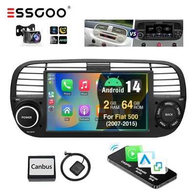 Produktbild von Autoradio 7 Zoll Android 14 Carplay für Fiat 500 2007-2015 GPS Navigation Touchscreen 2 DIN 64GB WLAN Bluetooth Rückfahrkamera Lenkradsteuerung