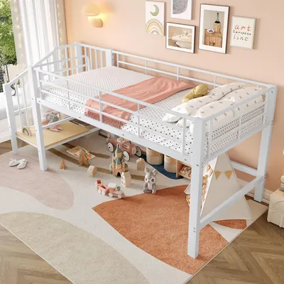 Produktbild von Metall Hochbett 90x200 cm Halbhoch Kinderbett mit Stauraumtreppe & Lattenrost, Stabiles Etagenbett Platzsparend für Kinder & Jugendliche, Geräuschlos, Weiß