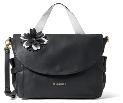 Produktbild von Braccialini Ledertasche mit dekorativem Blumenmuster und verstellbarem Schulterriemen