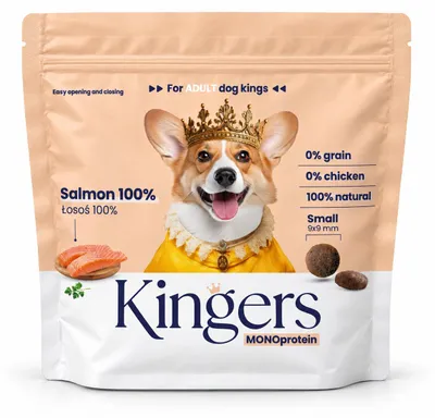 Zdjęcie produktu dla KINGERS Łosoś 2 kg karma sucha monobiałkowa dla małych psów, Obraz wygenerowany przez AI