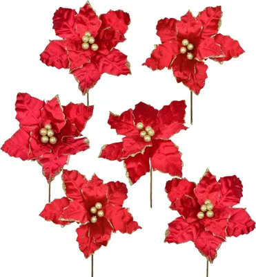 Produktbild von Poinsettie Blütensteckerei aus Stoff, glitzernd, rot, Ø 25 cm, 6 Stück
