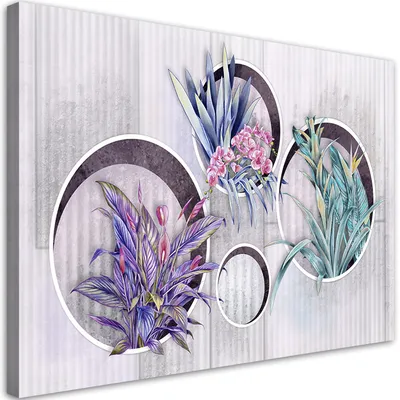 Image de Toile carrée Étagères avec fleurs 90x60 Feeby Argent Image pour le mur prête à accrocher