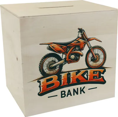 Produktbild von Motocross-Motorrad Spardose aus Holz mit Spruch Bike Bank