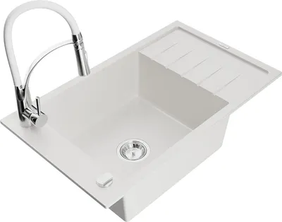 Produktbild von Mexen Elias 1 Becken-Granitspüle mit Abtropffläche und Mischbatterie Aster, Weiß - 6511-20-73450-02
